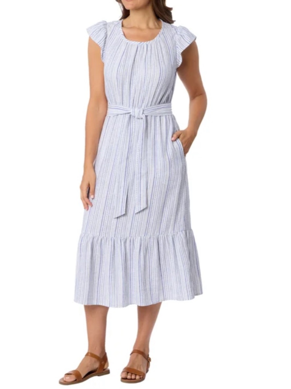 NWT Briggs New York Light Blue & White Striped Midi Dress with Tie Waist